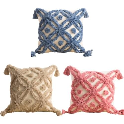 Boho Woven Tufted Matts Plaid Pattern Throw Pillow Case with Tassel Multicolor Textured Geometric Square Cushion Cover