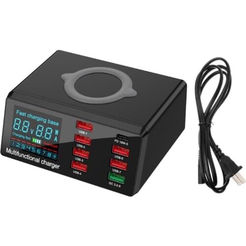 8Port Type C PD QC3.0 USB Fast Charger 10W Wireless Charger Station LED Display