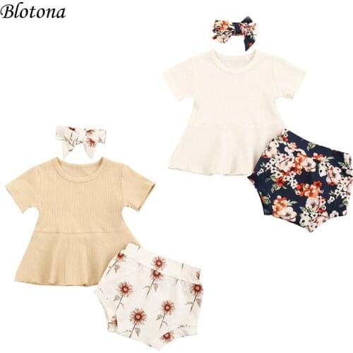 Blotona Baby Casual 3Pcs Set, Solid Color Ribbed O-Neck Short Sleeve T-shirt, Flower Print Shorts, Elastic Headband 0-24Months