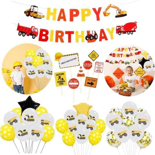 Excavator Vehicle Birthday Balloons Truck Cake Topper Happy Birthday Banner Construction Birthday Party Decor Kids Baby Shower
