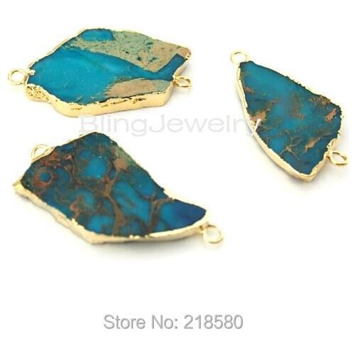 H-SP64 Free Form Blue Green Imperial Sediment Jaspers Stone Charm Pendant Connector Edged in Gold 2 Loops