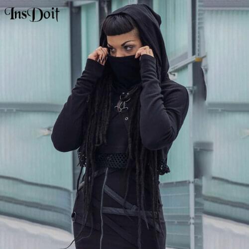 InsDoit Punk Gothic Black Hoodies Harajuku Streetwear Metal Patchwork Long Sleeve Hoodies Women Autumn Winter Long Sleeve Tops