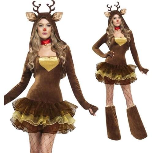 Reindeer Cosplay Costumes Christmas Female Japanese Style Lovely Brown Festival Celebration Performance Conjoined Skirt Suit
