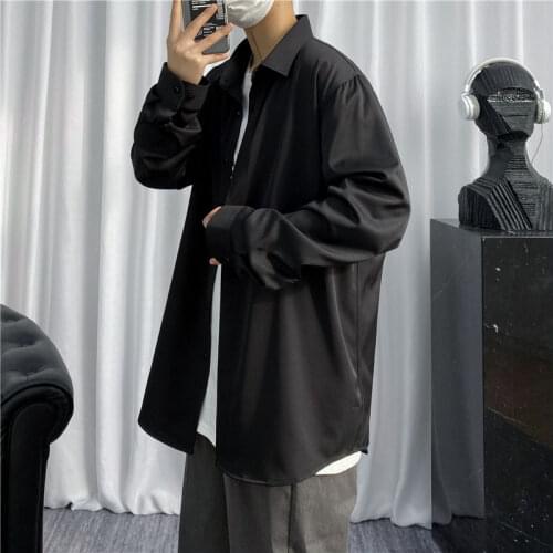 Fashion Men Shirt Cool Versatile Button Casual Long Sleeve Solid Black Large Loose Hot Sale