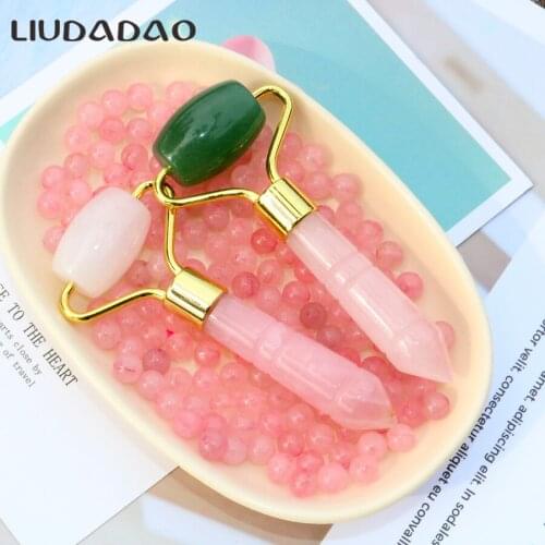 Newest Mini Rose Quartz&Green Aventurine Face Lifting Rollers Mixed Stone Crystal Smooth Jade Massager Facial Skin Care Rollers