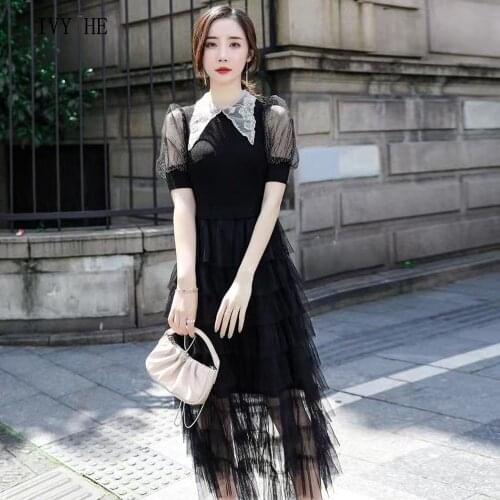 IVY HE High Quality Early Autumn Dress Woman Clothing Elegant Multi Layer Mesh Large Lapel Puff Sleeve Midi Long Dresses ZAfu