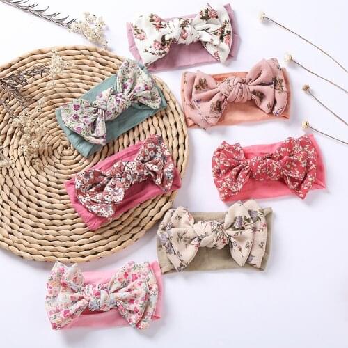 New Flower Printed Baby Bow Headband Nylon Girls Hair Band Elastic Headwear For Child Floral Turban Newborn Hair Accessories