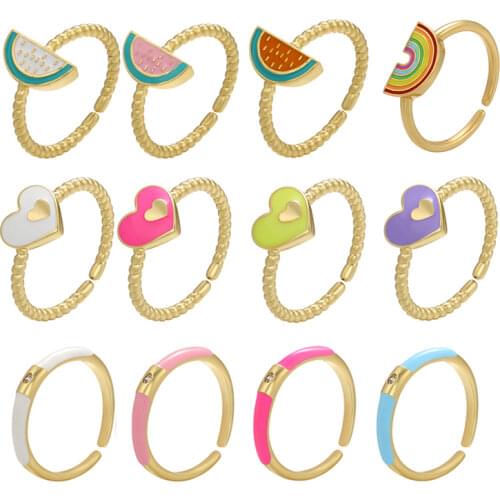 QMHJE Enamel Heart Women Ring Watermelon Rainbow CZ Neon Purple CZ Gold Color Wedding Engagement Adjustable Minimalist Slim