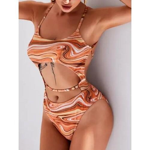 ZAFUL Psychedelic Print Lace Up Cut Out One-piece Swimsuit Padded Swimsuit Lace Up Psychedelic Pucci Print Swirl Print