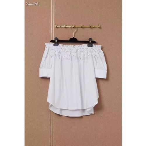 Fyion Women Slim Blouses Tops 2021 Autumn Solid Runway Slash Neck Half Sleeve Shirt Hollow Out Elegant White Cotton Shirts