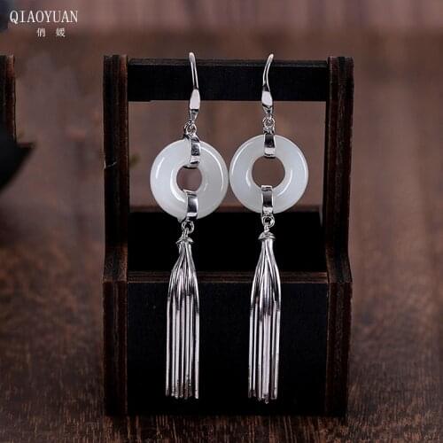 925 sterling silver jade earrings Vintage costume jewelry Hetian jade white jade safe buckle tassel female retro for women