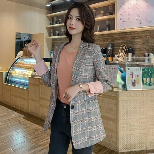 S-2xl Vintage Plaid Women Blazer Pockets Jackets Female Retro Ladies Suits Coat Feminino Office Long Blazers Femme Outerwear