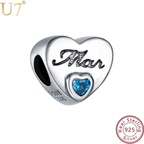 U7 DIY Fits Brand Bracelet Original Beads for Jewelry 925 Sterling Silver March Birthday Love Heart Blue Bead Women Charms SC134
