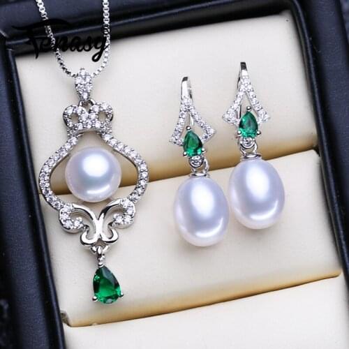 FENASY 925 Sterling Silver Jewelry Sets Natural Pearl Earrings For Women Bohemian Emerald Big Pendant Necklaces