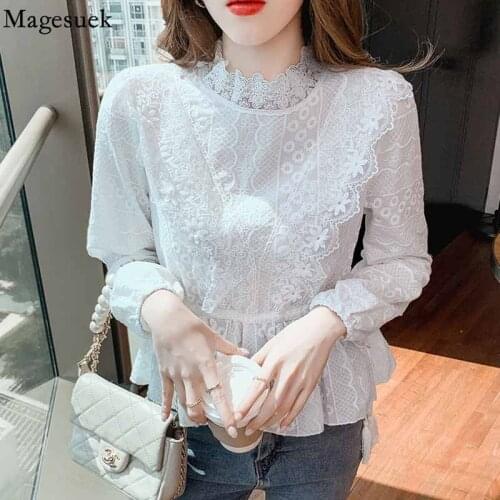 Autumn Drawstring Waist Long Sleeve Top Women French Elegant Crochet Lace Blouse Women Sweet Flower White Shirt New Blusas 16238