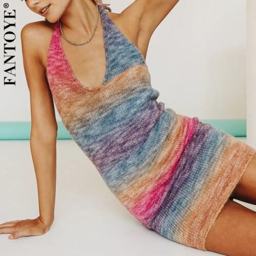 FANTOYE Women Rainbow Sexy Slim Backless Dresses 2021 Summer New Knitted Sleeveless Mini Dress Female Skinny Bodycon Partywear