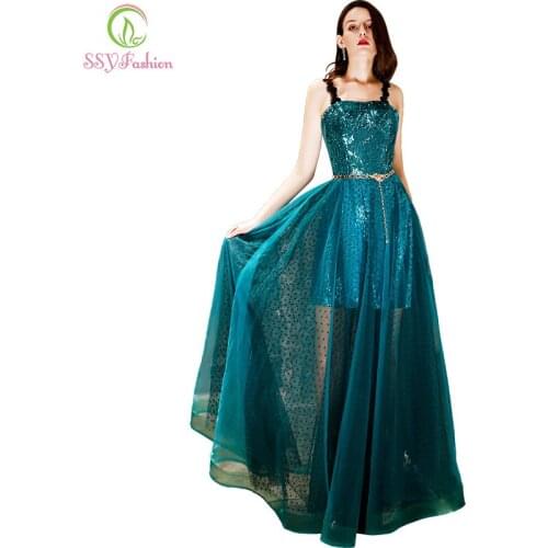SSYFashion New Evening Dress Shining Dark Green Sequins Sleeveless Prom Gown Sexy Formal Dresses Robe De Soiree Reflective Dress