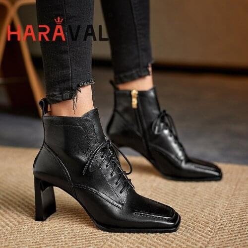 HARAVAL HIgh Heels Boot Women Shoes Elegant White Black Brown Spring/Autumn Square Toe Solid Lace Up Adult Genuine Leather E78L
