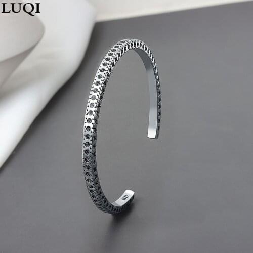 S925 Silver Hand-engraved Carved Wind Race Style Fashion Personality Square Bracelet Couple Friend Gift SH111