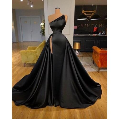 Black Satin Beaded 2021 Evening Dresses High Split Side Strapless Prom Formal Party Dress Robe De Soiree
