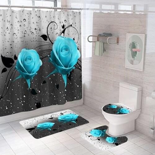 Blooming Flowers Shower Curtain Sets with Rugs Bathroom Decor Bath Rug and Mats Sets with Hooks Toilet Seat Cover