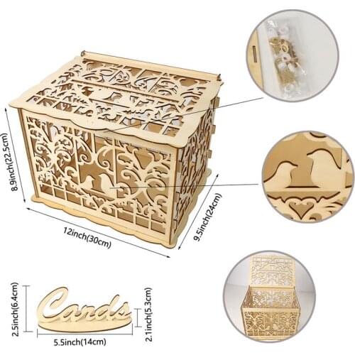 Wooden Wedding Supplies DIY Couple Deer Bird Flower Pattern Grid Business Card Box