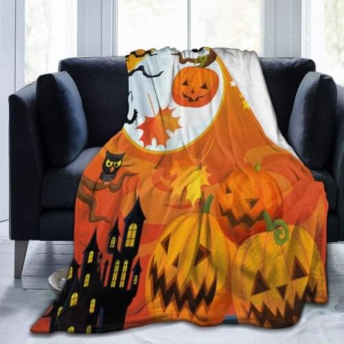 Halloween Flannel Bed Blanket Haunted House Mansion Pumpkin Mystery Castle Full Moon Throw Blanket Soft Cozy Warm Lightweight