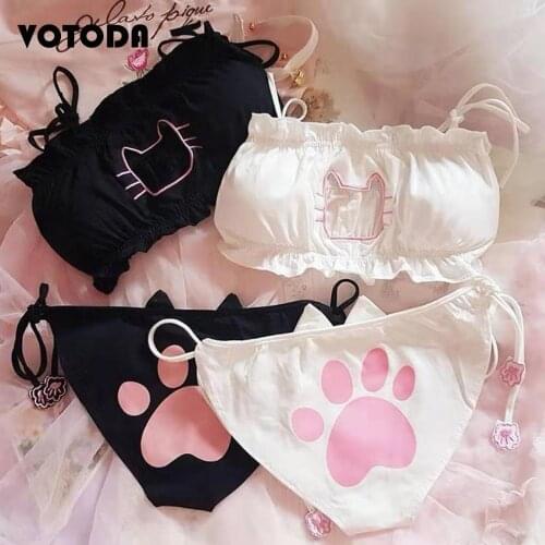 Girls Cute Cat Cartoon Anime Cosplay Underwear Set Japanese Style Sex Hollow Out Lace-Up Women Lingerie Panties Lovely Bra Suit