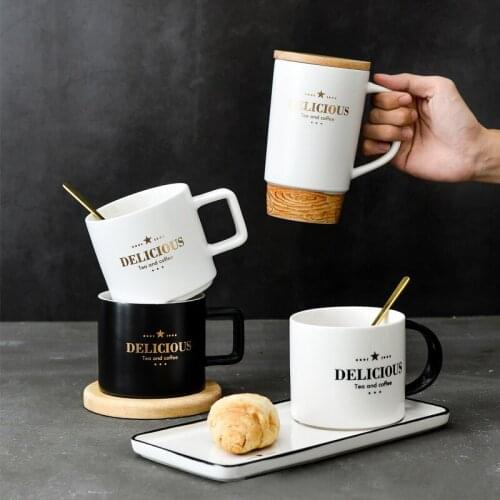 Nordic Style Creative Coffee Mugs Wood Grain Ceramic Cup With lid Spoon Business Gift Couple water Cup Breakfast Cup Drinkware