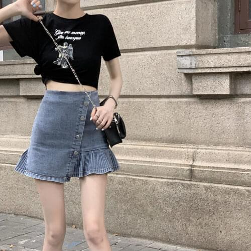 KoukiMa 2021 Dinim Skirts 2021 Summer Ruffled A-Line Mini Skirt Sexy School Skater Harajuku High Waist Irregular Jean Skirt K1C1