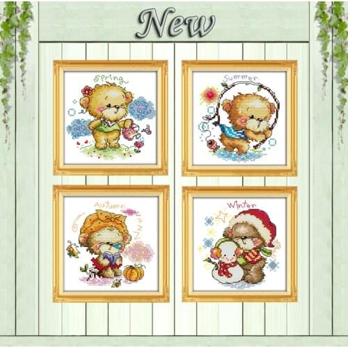 Four seasons little bear spring cartoon painting counted print on canvas DMC11CT 14CT Cross Stitch kits embroider needlework Set