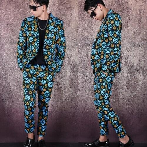 New Male Nightclub Singer Stage Show Costume Trendy Print Suit Jacket Pencil Pants Suit Street Wear DJ GoGo Dancer Outfits 1879