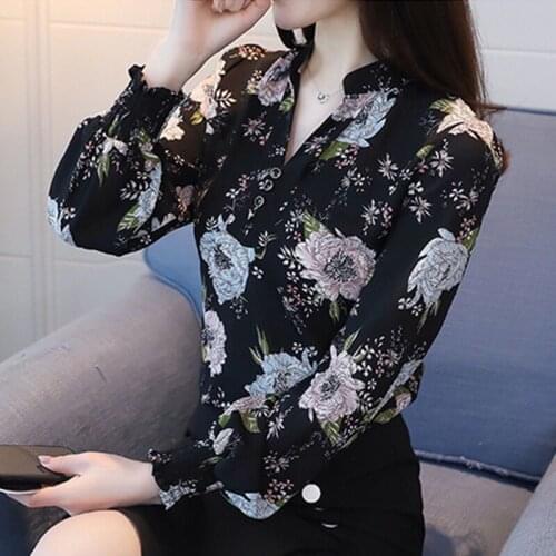 New Womens Fashion Chiffon Shirts Elegant Long Sleeve Printing Casual Loose Turn-down Collar Temperament Womens Tops DF3265