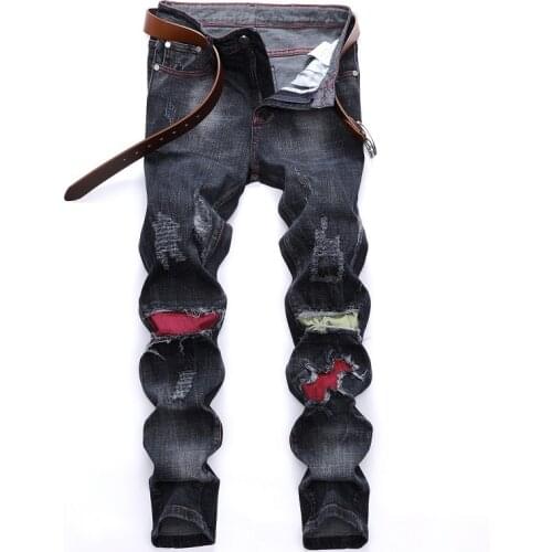 Autumn Wnter Jeans Male European American Rip Cut Paste Cloth Trend Stretch Black Trousers Fashion Broken Hole Pants