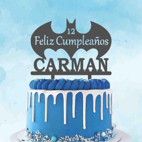 Personalized Birthday Cake Topper Custom Name Age Spanish Feliz Cumpleaños Cartoon Bat Man Birthday Party Cake Decoration Topper
