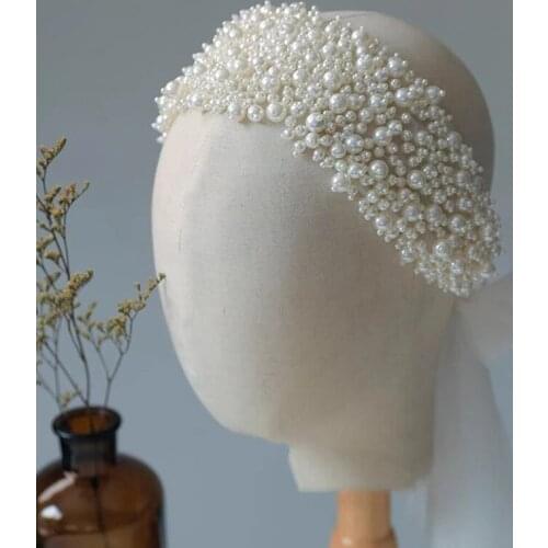 Pearls Beaded Headband Headpieces White Full Pearls Headband Bridal Crown Hair Silk Screen Net Hoop Hair Accessories Wedding