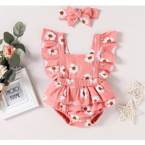 Pudcoco Newborn Baby Girl Clothes Floral Printed Pattern Sleeveless Ruffle Romper Jumpsuit Headband 2Pcs Outfits Clothes Baby