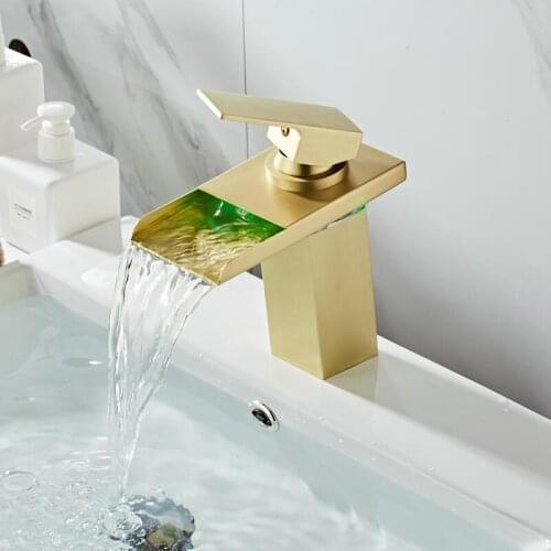 Bathroom Basin Faucet LED Faucet Brushed Gold Sink Waterfall faucet Single Hole Cold Hot Gold Tap Basin Mixer Tap Torneira