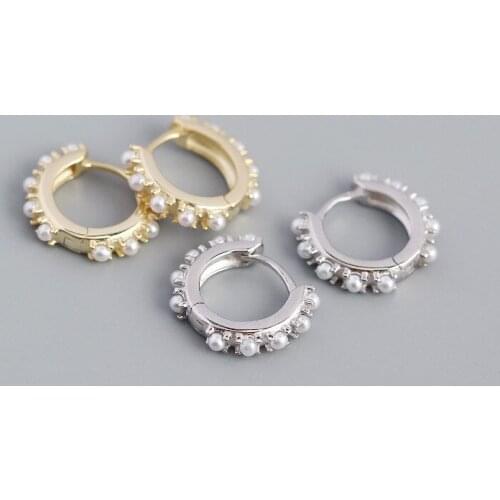 Gothic style Punk 100% Authentic 925 Sterling silver Shell Pearl Round Huggie Hoop Earrings Jewelry