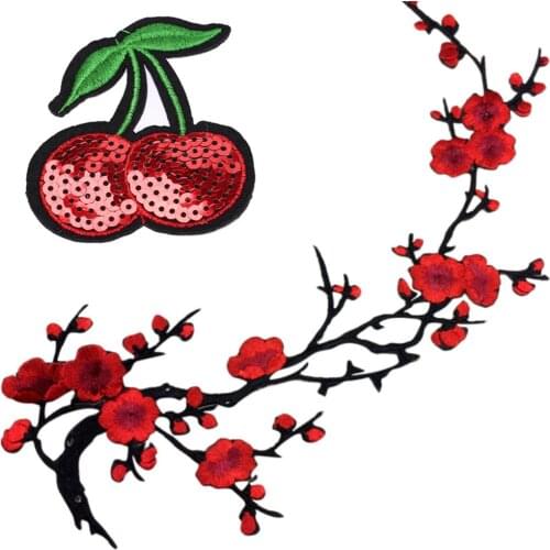 Embroidered Plum Blossom Flower Applique Clothing Embroidery Patch Cherry Sequins Fabric Sticker Iron On Sew On Patch Craft