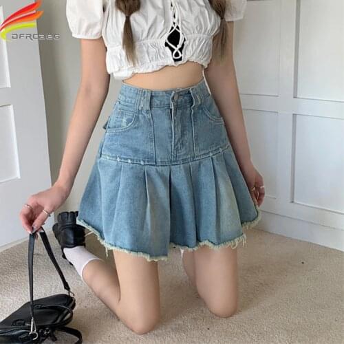 Summer 2021 Skirt Denim Womens High-waisted Skirt With Pockets Tassel Korean Style Fashion Cool Mini Skirts Jeans Hot Sale