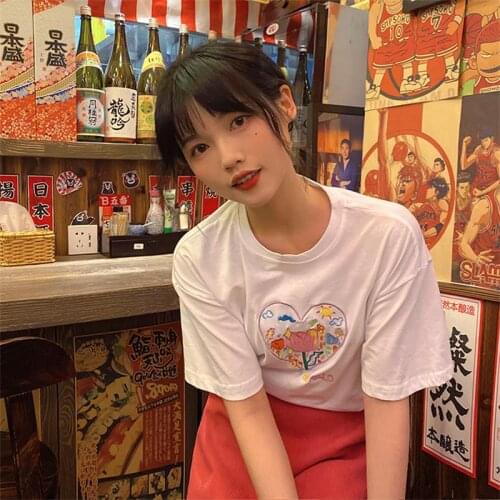 Female Korean Harajuku Love Cartoon Embroidered Tshirt Womens T-shirts Tops Japanese Kawaii Ladies Ulzzang Clothes For Women