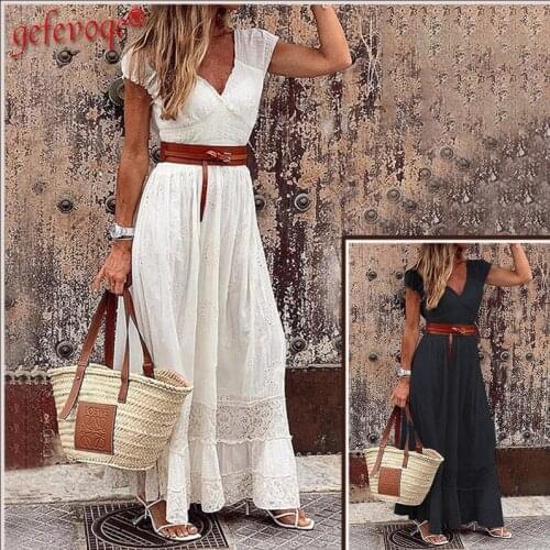 Womens Clothing 2021 Summer Fashion V-neck Vintage Party Dress Female White Lace Elegant Maxi Dresses Casual Beach Long Dress