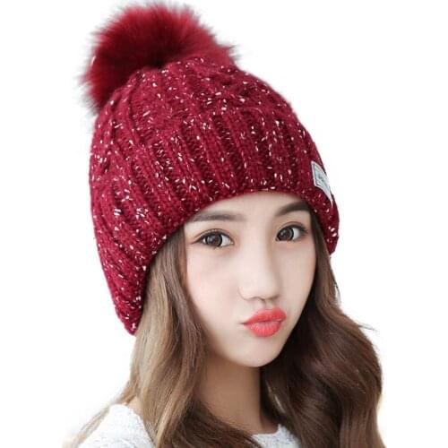 Women Knitted Hat Winter Fashion Keep Warm Wool Cap For Femsle Solid Color Thicken Outdoor Ear Protectors Hairball Hats TG0194
