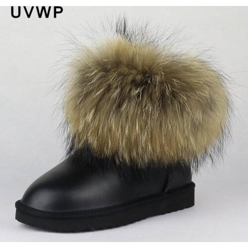Top Fashion Natural Big Fox Fur Genuine Leather Women Snow Boots Warm Winter Boots Slip-On Ankle Boots Female Raccoon Fur Boots