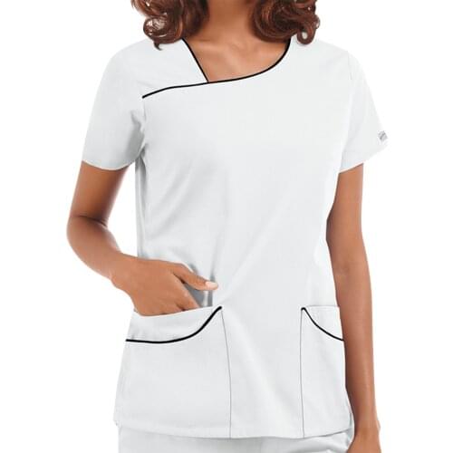 Womens Short Sleeve V-neck Female TShirts Pocket Care Workers T-shirt Tops tuniques Simple hem ropa mujer Nurses clothing