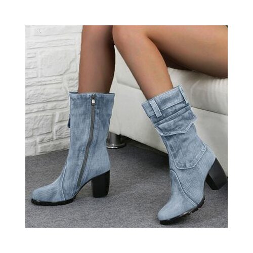 2019 New Fashion Autumn Winter Women Boots Women Round Toe Canvas Cowboy Style High Heels Shoes Knee High Boots