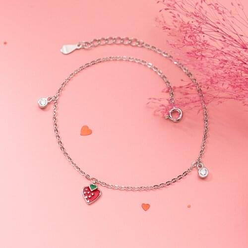 925 Sterling Silver Cute Fruit Charm Anklets Sweet Strawberry Cubic Zirconia Beach Chain For Women Girls Gifts Party Jewelry