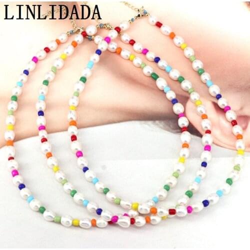 5Pcs Trendy Freshwater Pearl Beaded Necklace, Colorful Beaded Necklace, Seed Bead Jewelry, Gifts for Her, Boho Beaded Choker