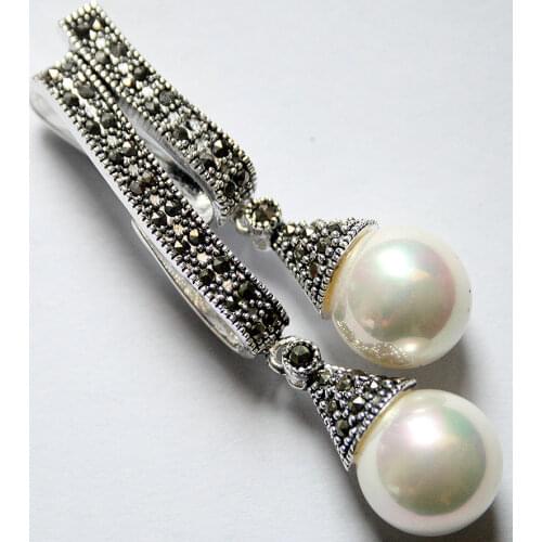 925 Sterling silver jewelry marcasite 12mm white Shell pearl Drop Earrings